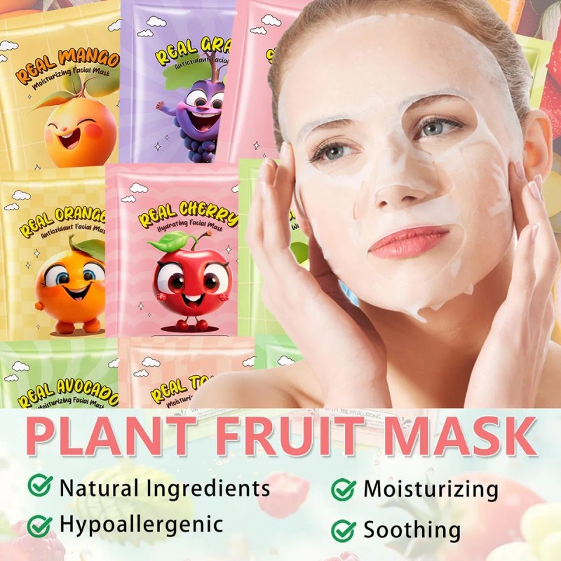 Paquete De 12 Mascarillas Faciales De Frutas Para Niños, Mas