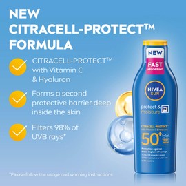 Nivea Sun NIVEA SUN Protect & Moisture Sun Lotion SPF 50+ (200 ml), Suncream with Vitamin C and Hyaluron, Provides 48H Moisture and Immediate UVA/UVB Protection, Fast-Absorbing, No White Cast Formula