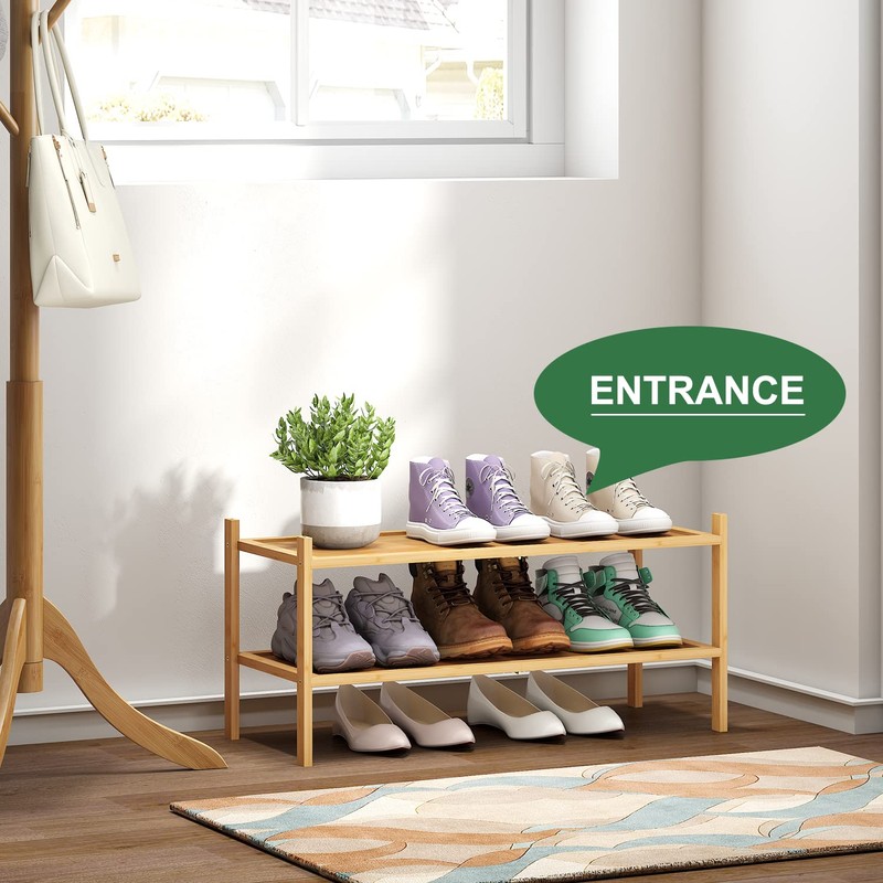 kiplant Bamboo Shoe Rack, 2-Tier Shoe Rack for Entryway, Free