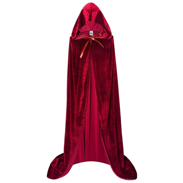 Makroyl Unisex Hooded Cloak Long Velvet Cape for Halloween Christmas Cosplay Costume (Wine Red,L)