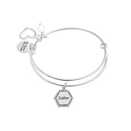 LeCalla Valentines Day Gifts for Her - 925 Sterling Silver My Sister My Friend with Heart Pearl Expandable Wire Multi-Charm Bangle Bracelet for Women