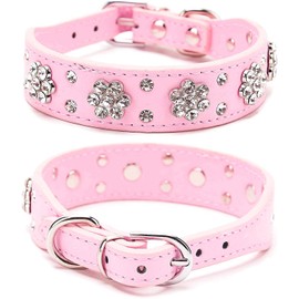 Pimaodog Rhinestone Dog Collar, Cute Flower Rhinestone Cat Dog Collar Bling Collar PU Leather Collar Adjustable Sizes Small Medium Large (S:21-27cm, Pink)