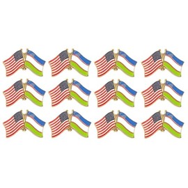 Box of 12 Uzbekistan & US Crossed Double Flag Lapel Pins, Country Flag & American Flag Friendship Tie Pin Badges