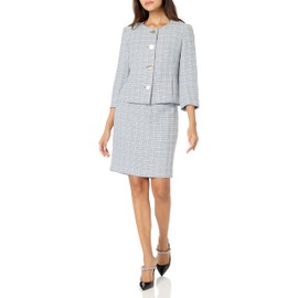 Le Suit Women's Petite 4 Button Tweed Jacket & Skirt, Cabana Blue Multi