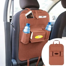LAINLOY Felt Car Seat Back Organizer, Kick Mats Car Back Seat Protector for Kids, 6-Pocket Storage for Tissue, Box, Pen, Toy, Automobile Road Trip Accessories for SUV, RV, Truck (Brown)