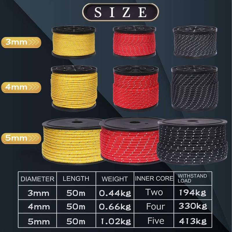 Hikeman 50m Reflective Guyline Solid Braid Nylon Camping Rope with