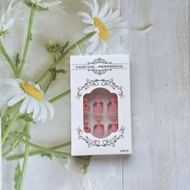 24PCS Flower French Tip Press on Toenails, Colorful Floral Design Nude False Toenails Matte Green Leaves Small Flowers Stick on Toenails Cute Full Cover Acrylic Toe Nail Press on for Women&Girls