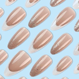 Press on Nails Medium Almond Fake Nails White French Tip Nails Press ons Glossy Glue on Nails Nude with Glitter Designs Cute Acrylic Nails Fall Winter Stick on Nails for Women 24Pcs