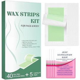 Cintas de Depilación, Hipoalergénicas para Piel Sensible y Todo Tipo de Piel, Listas para Usar sin Calor, Kit Facial y Corporal, Suavidad Duradera, 40 Cintas + 5 Toallitas Calmantes