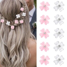 Mezrkuwr 10pcs Mini Hair Clips with Light Pink and White Flowers and Rhinestones Four Leaf Flower Hair Clips Small Decorative Wedding Hair Clips Bridal Hair Accessories