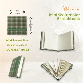 Waveaura Mini Travel Watercolor Palette Set 12Wells Small Empty Portable Water Color Painting Tin Kit with Lid, 6x6 cm Pocket Watercolor Sketchbook 20 Sheets, 140lb, Refillable Brush Pen