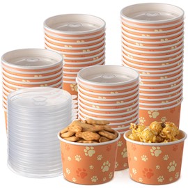 Qinyoung 24 Pcs 8 oz Paw Print Ice Cream Cups Bulk with Lids Pup Cups for Dogs Disposable Dog Bowls for Ice Cream Snack Dessert Food Drink Baby Shower Birthday Party Supplies(Orange Red)