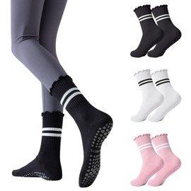 3 Pairs Pilates Socks with Grips Non Slip Ruffle Yoga Socks for Women Grip Socks for Barre Ballet Dance Barefoot Workout Gym (UK, Alpha, One Size, Regular, Regular, 3 Pairs - Black+White+Pink)
