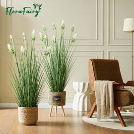 FloraFairy 4ft 2-Pack Horsetail Reed Grass with White Cockscomb Flower, 48in Tall Indoor Outdoor Green Onions Fake Plants in Pot, Home Office Decorative Artificial Plant & Greenery, Wedding Décor