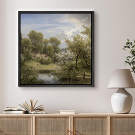 SIGNFORD Framed Canvas Print Wall Art Idyllic Spring Orchard Blossoming Trees and Rustic Cottage Nature Wilderness Illustrations Rustic Zen Colorful for Living Room, Bedroom, Office - 24"x24" Black