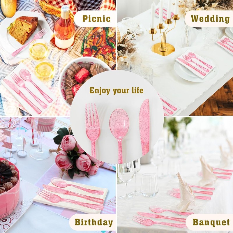 100 Pcs Pink Plastic Forks, Pink Plastic Silverware, Heavy Duty