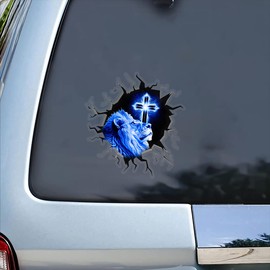Premium Jesus Cracked Car Sticker Decals, Lion Looking at The Cross, 3D Lion Jesus Window Glass Vinyl Car Sticker, Jesus Christian Broken Glass Car Sticker Waterproof (6x6 inches)