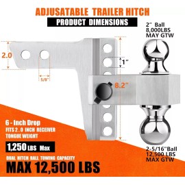 OCTORA Adjustable Trailer Hitch Fits 2" Receiver 6 Inch Drop Hitch Ball Mount