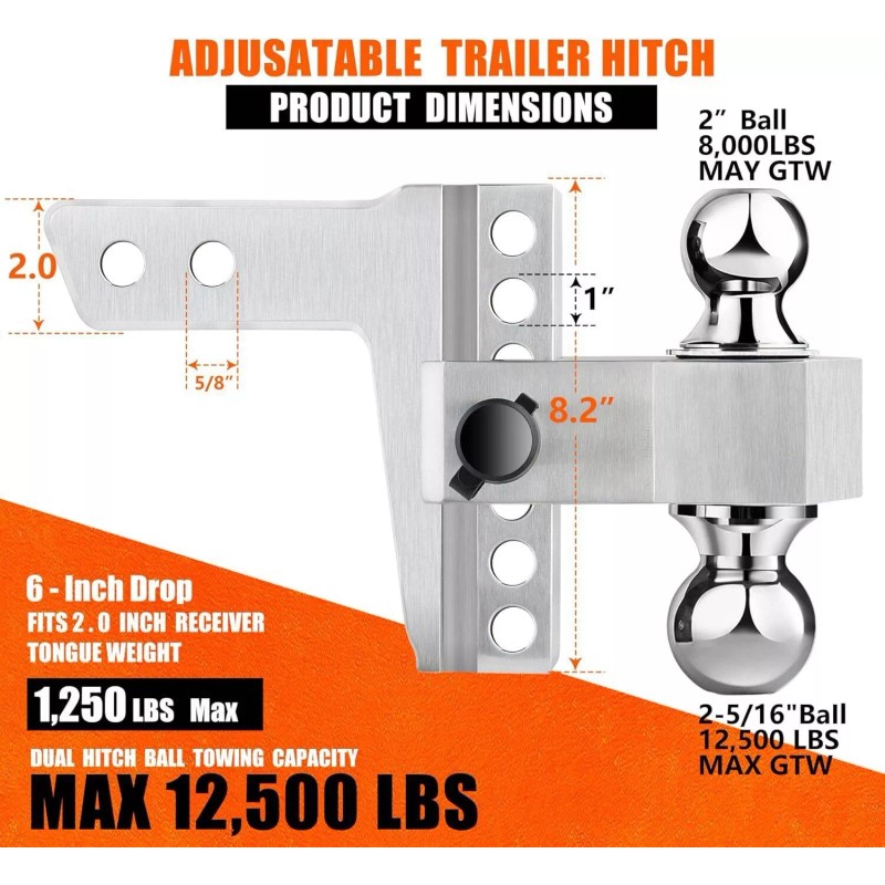 OCTORA Adjustable Trailer Hitch Fits 2" Receiver 6 Inch Drop