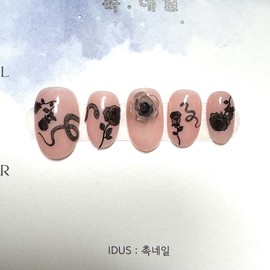 CHOK: 04 Snake biting a rose Handmade nail tip - Coffin Egg / CHOK : 04 장미꽃을 문 뱀 수제네일팁 - 코핀에그