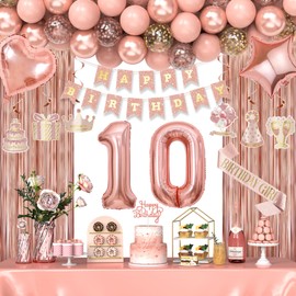 10th Birthday Decorations for Girls, Happy 10 Birthday Decorations for Her, Rose Gold Birthday Party Supplies with Banner, Number Balloons, Fringe Curtains, Hanging Swirls, Foil Balloons
