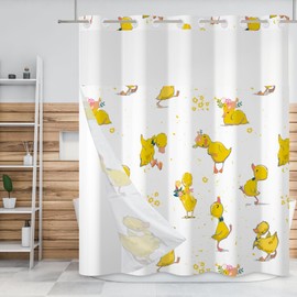 Baocicco No Hook Cartoon Baby Duck Shower Curtain with Snap in Liner Lovely Yellow Baby Duck Decorative Double Layers with See Through Mesh Top Window Hotel Shower Curtain and Liner Set 71x74 Inch