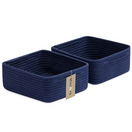 MiniArk Small Square Shallow Baskets for Organizing, 9.7x9.7x4.3 Inch Rope Woven Storage Bins for Cubes Closet, Shelves Storage, Boho Decorative Basket, 2 Packs Navy Blue