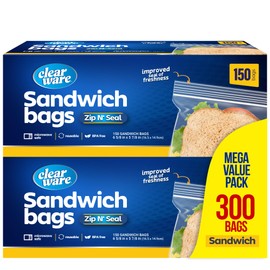 Sandwich Bags Zipper Top- 300 Count, Resealable Plastic Food Storage Bags For Lunch, Snacks - Reusable Zipper Lock Containers for Fruit, Veggies - Freezer & Microwave-Safe, Strong Seal - 2 Boxes