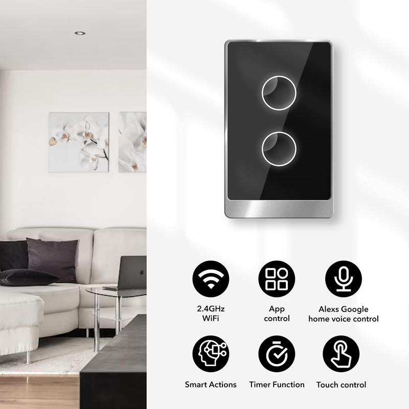 Smart Wall Light Switch, 2.4GHz 2 Gang WiFi Touch Switches,