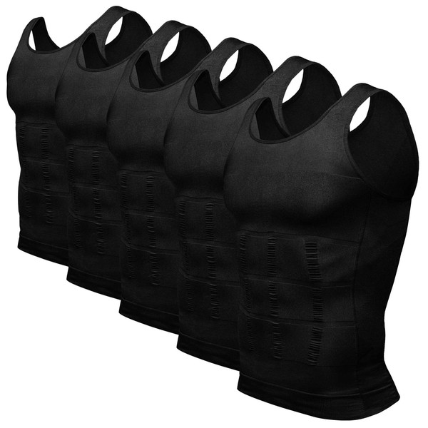 Odoland Mens 5 Pack Body Shaper Slimming Tummy Vest Thermal Compression Shirt Tank Top Shapewear, Black/Black/Black/Black/Black, L