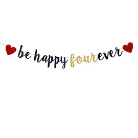 be happy fourever Banner - Black Glitter Funny 4th Birthday Anniversary Party Decors for Kids Boys/Girls' 4th Birthday Party Supply (Pre-Strung)