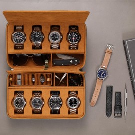 ROTHWELL 8 Watch Travel Case Storage Organizer for 8 Watches, Sunglasses, Rings & Cufflinks |Tough Portable Protection with Zipper Fits Most Wristwatches & Smart Watches Up to 50mm (Green/Tan)