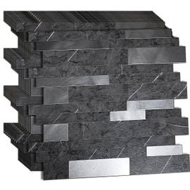 XUANINY 10-Sheet Peel and Stick Metal Backsplash Tiles, Self Adhesive Aluminum 3D Wall Sticker, Wall Panels for Kitchen Bathroom, Bedroom, Living Room(11.81"x11.81") (Dark Grey, 10)