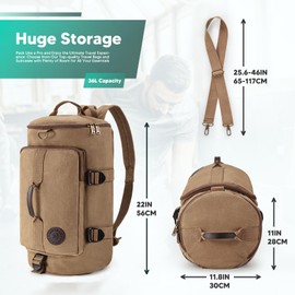 Virklyee Convertible Canvas Travel Bag Large Travel Backpack 36L Travel Bag with Backpack Function Canvas Duffel Bag with 2 Handles, Suitable for Tourism, Cycling, khaki 36l