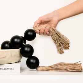 RUIRUICO Extra Large Wood Bead Garland with 2" Diameter Wooden Beads, Wooden Beads Garland with Tassels, Decorative Beads for Farmhouse Decor (Black, 27 Inches)