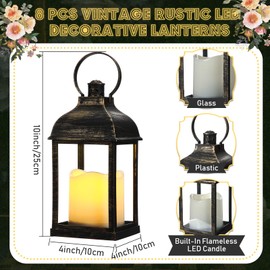 Kittmip 8 Pcs 10 Inch Bronze Decorative Candle Lantern Bulk for Wedding Centerpieces Bronze Lanterns with LED Flameless Candle Indoor Outdoor Battery Powered Hanging Lights for Wedding Party