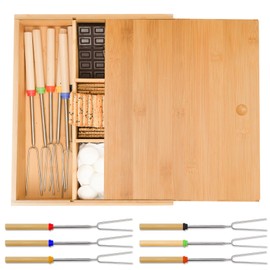 Smores Kits,Bamboo Smores Box with a Lid,Smores Caddy with 6Pcs Extendable Marshmallow Roasting Sticks,Exquisite Smores Kit for Fire Pit Outdoor - Perfect for Outdoor Parties, Entertaining, Camping