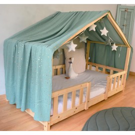 YellowNest House Bed Canopy - 100% Cotton - Bed Canopy House Bed Made of Muslin - Canopy Bed Curtains for Bed 70 x 140 cm and 80 x 160 cm - Without Bunting Children's Room Star (Eucalyptus, 130 x 320