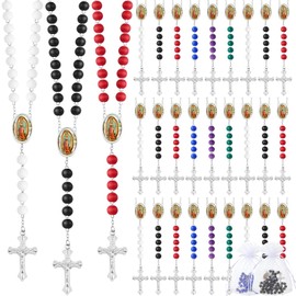 36 Pcs Wooden Bead Rosary Necklace with Crucifix and Our Lady of Guadalupe Scented First Communion Rosary with 36 Organza Bags Baptism Favors Catholic Gift for Men Women (Assorted Colors)
