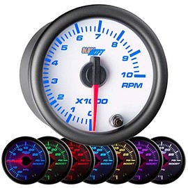 GlowShift White 7 Color 10,000 RPM Tachometer Gauge - for 1-10 Cylinder Gas Powered Engines - White Dial - Clear Lens - 2-1/16" 52mm