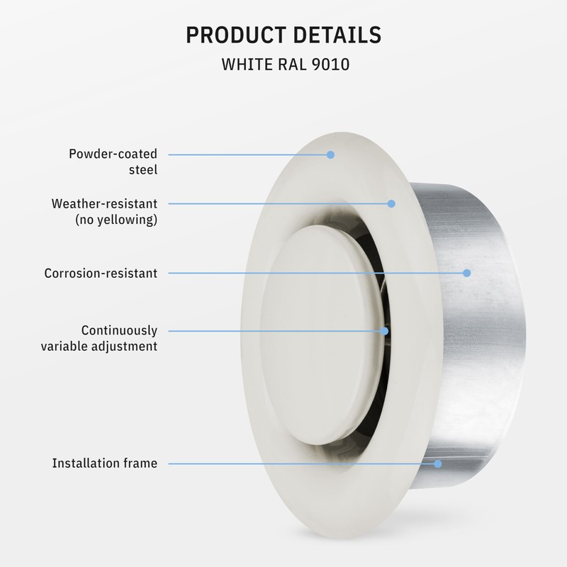 calimaero® TVSA Round Ceiling Vent Cover 100mm, Adjustable Air Valve
