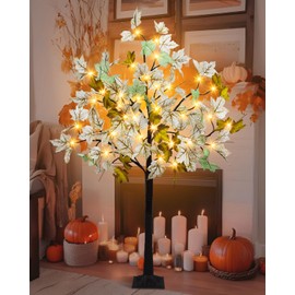 Ruidazon 4FT Fall Lighted Maple Trees with 48 Led Lights 3 Foam Pumpkins Artificial Fall Light Up Tree Autumn Maple Trees for Fall Indoor Outdoor Thanksgiving Decor