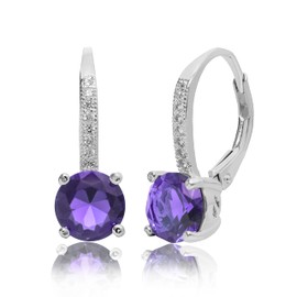 Lesa Michele Rhodium Plated 925 Sterling Silver Purple Simulated Amethyst & Cubic Zirconia Drop Leverback Bridal Earrings for Women Imitation February Birthstone
