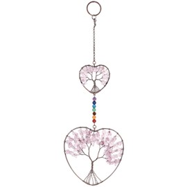 KYEYGWO Rose Quartz Tree of Life Hanging Decoration, Heart Wall Hanging Ornament, Crystal Dream Catcher, Handmade Hanging Decoration, Gemstone Window Decoration for Home, Wedding, Souvenir, Office