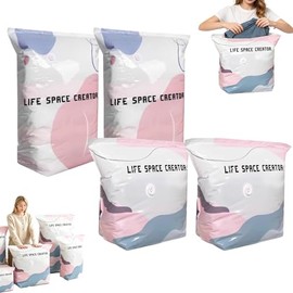 Vacuum Bags Without Pump, No-Pump Vacuum Storage Bags, 3D Vacuum Storage Bags Without Pump, Reusable Vacuum Bags for Clothes, Duvets & Travel (M+L-4 Pieces)