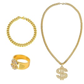 Toumett Hip Hop Costume Accessories Set, Fake Gold Chain Men, 80s/90s Fancy Dress Costumes, Dollar Necklace, Dollar Ring, 90s Accessories for Rapper Boys Girls Disco Party Supplies
