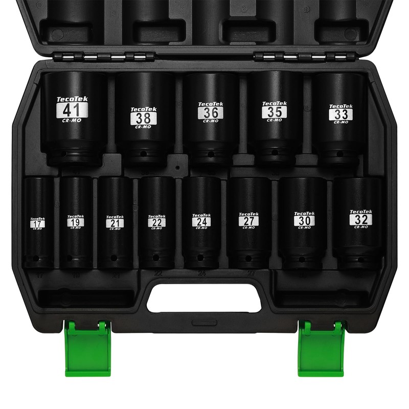 TecoTek 1/2" Drive Deep 6-Point Impact Socket Set, 13-Piece Spindle