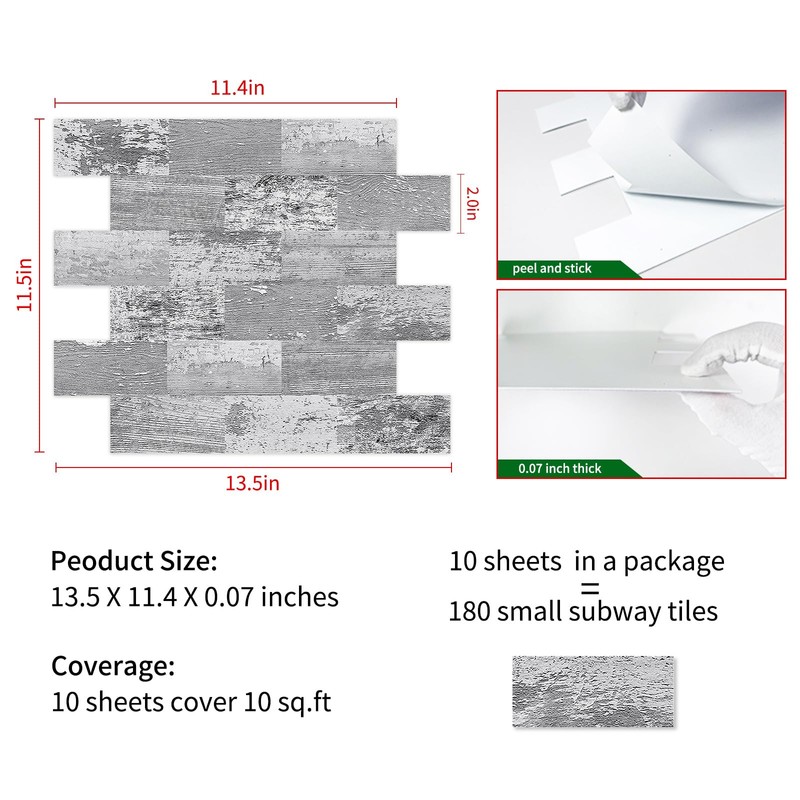 DEWOO 10-Sheet Peel and Stick Wall Tiles PVC Backsplash Back