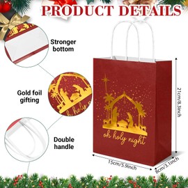 Bolsome 24Pcs Christmas Nativity Gift Bags with Handles, Red Green Blue Gold Foil Holy Night Joy to The World Paper Goodie Bags Merry Christmas Party Favor Bags for Xmas Party Religious Festival Party Supplies