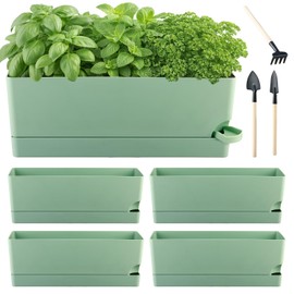 4 Pack Self Watering Pots for Indoor Plants 17 Inches Window Boxes Planters Rectangular Flower Pots Rectangle Herb Pots Large Plant Pots with Drainage Holes and Saucers Windowsill Planter, Green
